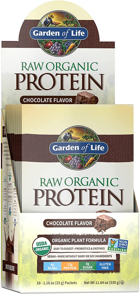 Raw Organic Protein Chocolate Powder Packets, 10Ct Tray - Certified Vegan, Gluten Free, Organic, Non-Gmo, Plant Based Sugar Free Shake with Probiotics & Enzymes, 4G Bcaas, 22G Protein