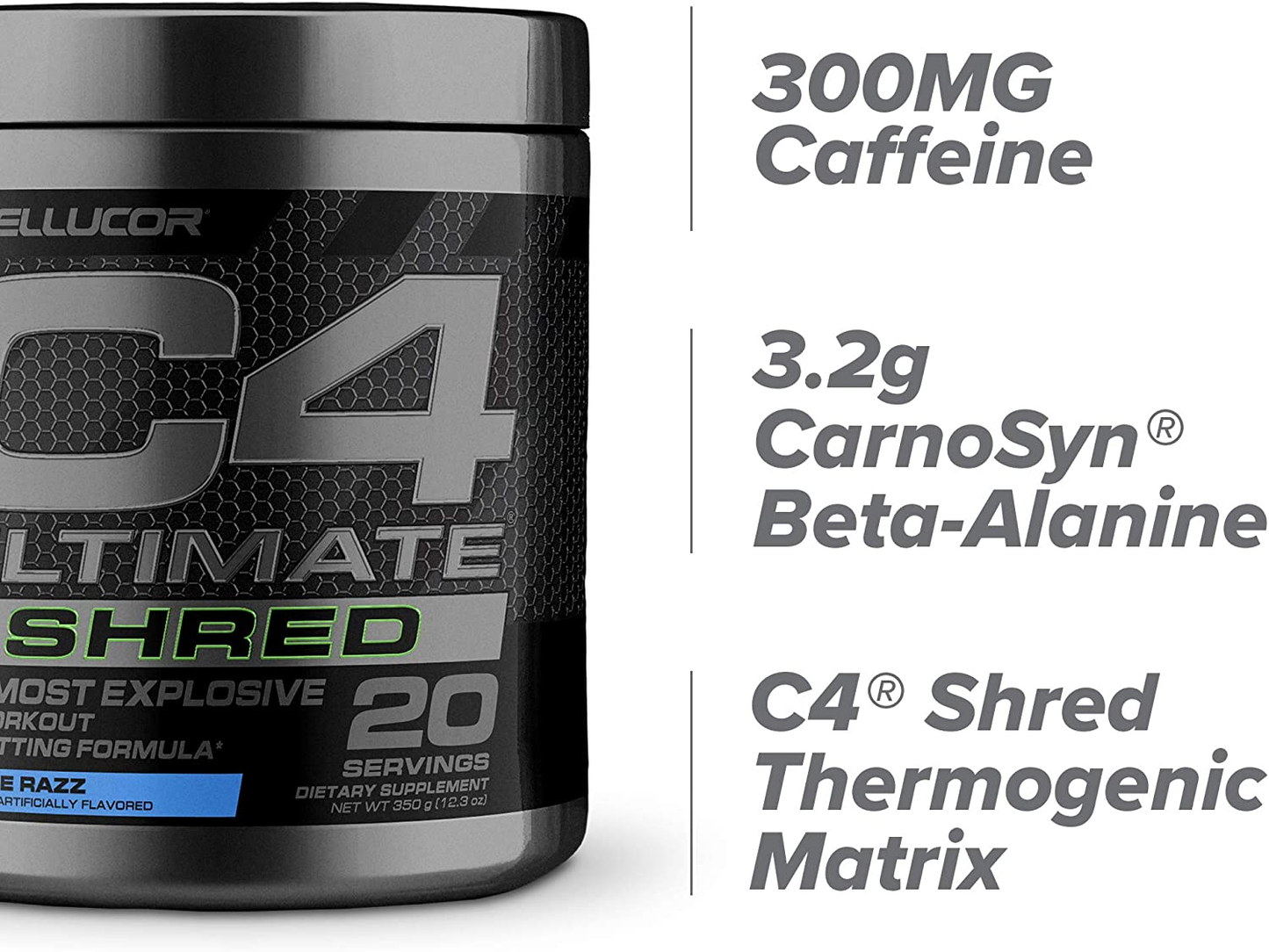 C4 Ultimate Shred Pre Workout Powder, Fat Burner for Men & Women, Weight Loss Supplement with Ginger Root Extract, Icy Blue Razz, 20 Servings