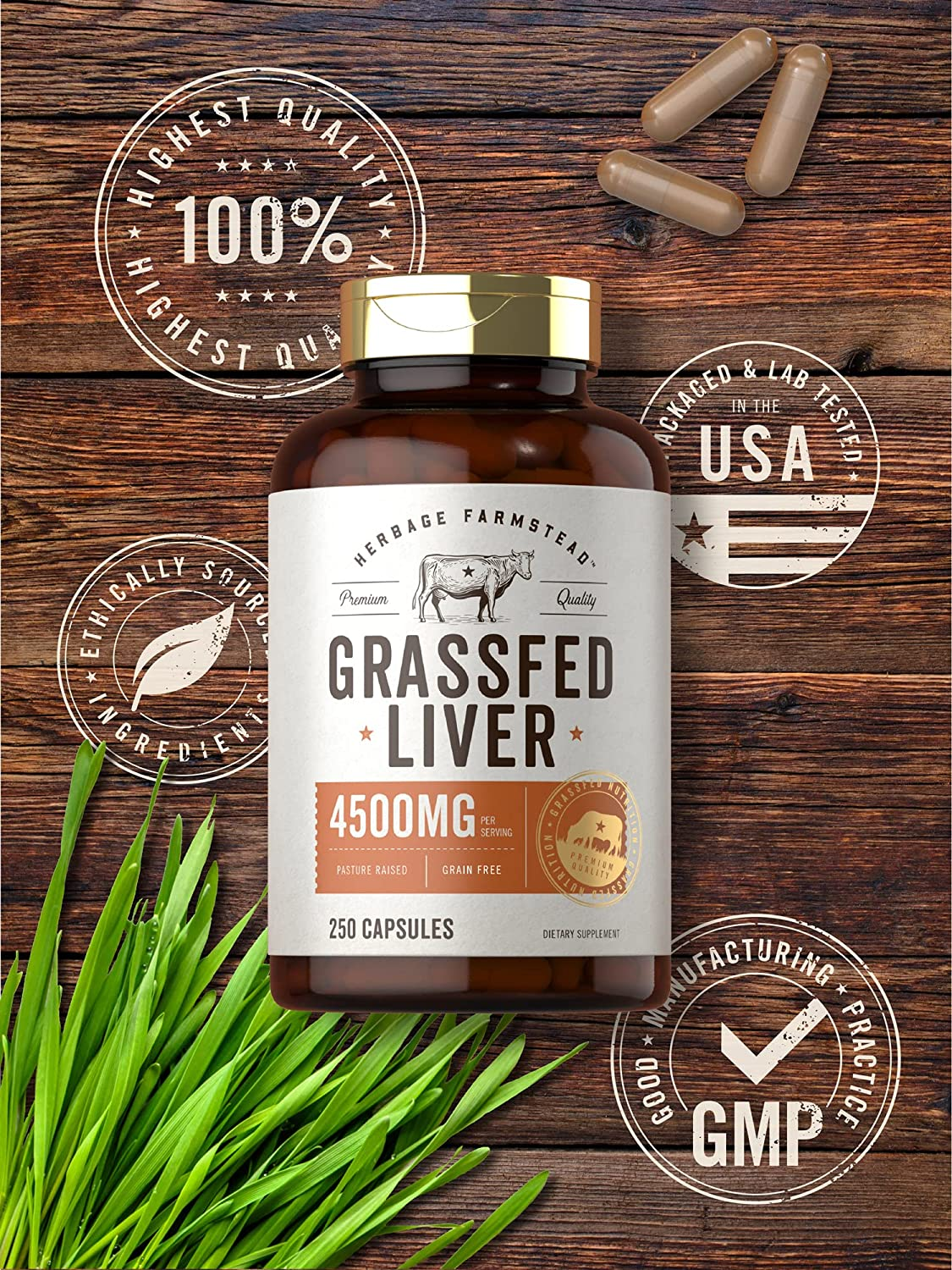 Grassfed Beef Liver Capsules 4500Mg | 250 Count | Desiccated Supplement | Non-Gmo, Gluten Free | by Herbage Farmstead