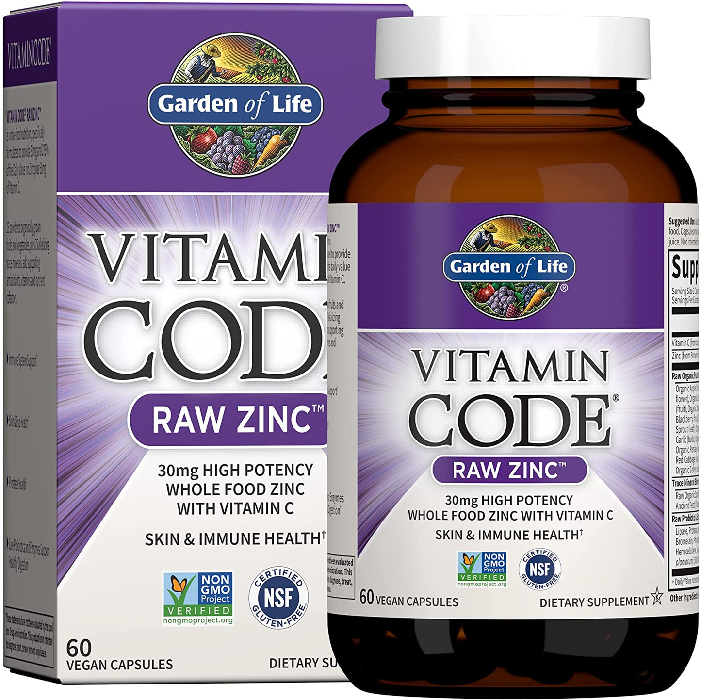 Vitamin Code Raw Vegan Zinc Capsules, 30Mg High Potency Whole Food Supplement plus Vitamin C, Trace Minerals & Probiotics for Skin Health & Immune Support, 60 Count