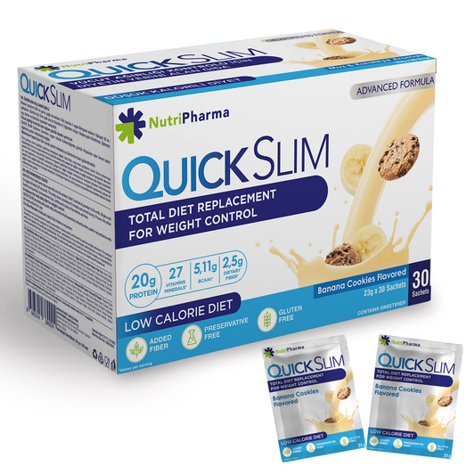 Quick Slim Meal Replacement Shake for Weight Loss, 20G Protein, 27 Vitamins & Minerals, Dietary Fiber, Low Carb, Gluten Free, Delicious Banana Cookies Flavored, 30 Single Serve Powder Sachets in 1 Box (Banana Cookies, 30 Servings)