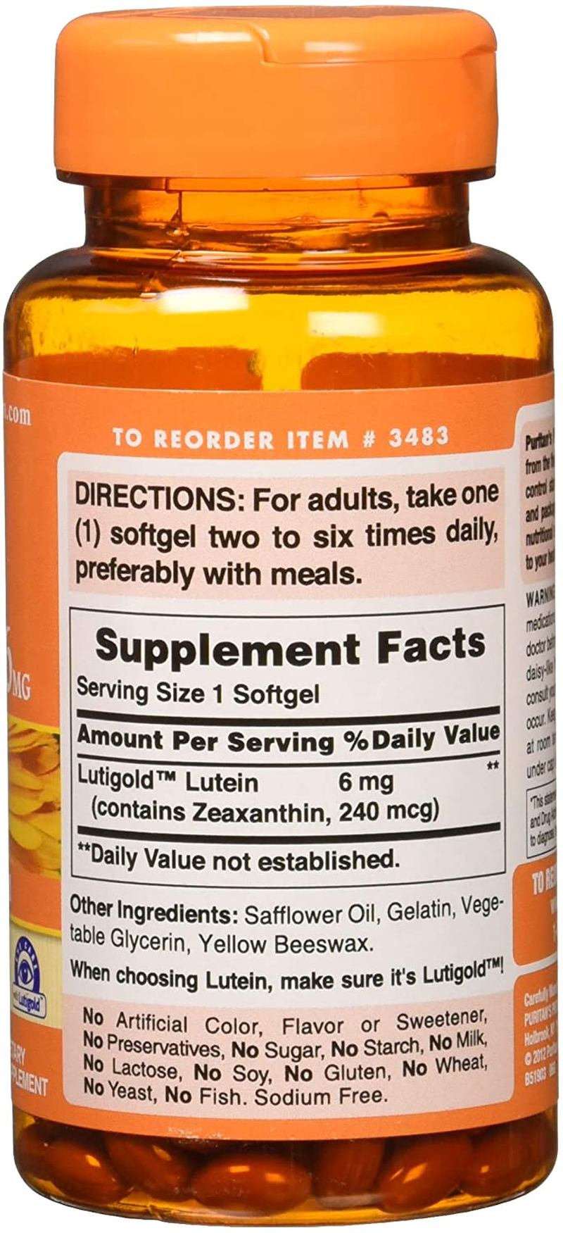 Lutein 6 Mg with Zeaxanthin Supports Eye Health, 200 Count by Puritan'S Pride