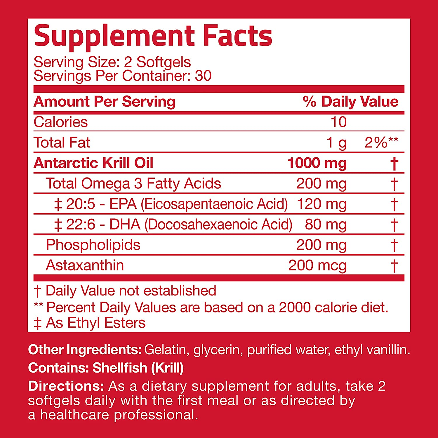 Antarctic Krill Oil 1000 Mg with Omega-3S EPA, DHA, Astaxanthin and Phospholipids 60 Softgels (30 Servings)