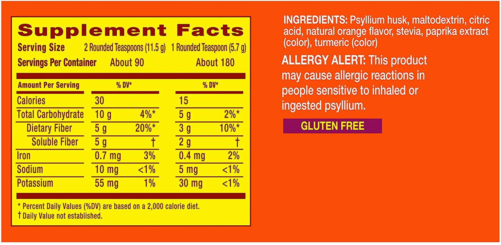 Premium Blend, Fiber Supplement, Natural Psyllium Husk Powder, Plant Based, Sugar-Free with Stevia, 4-In-1 Fiber for Digestive Health, Orange Flavored, 180 Teaspoons (36.5 OZ Fiber Powder)