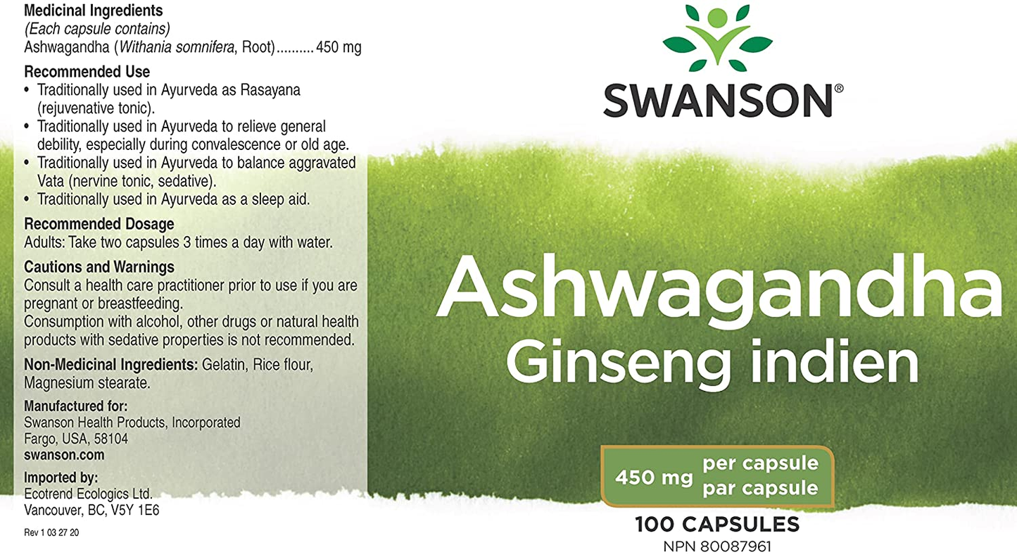 Ashwagandha Powder Supplement-Ashwagandha Root & Aerial Parts Supplement Promoting Stress Relief & Energy Support-Ayurvedic Supplement for Natural Wellness (100 Capsules, 450Mg Each)