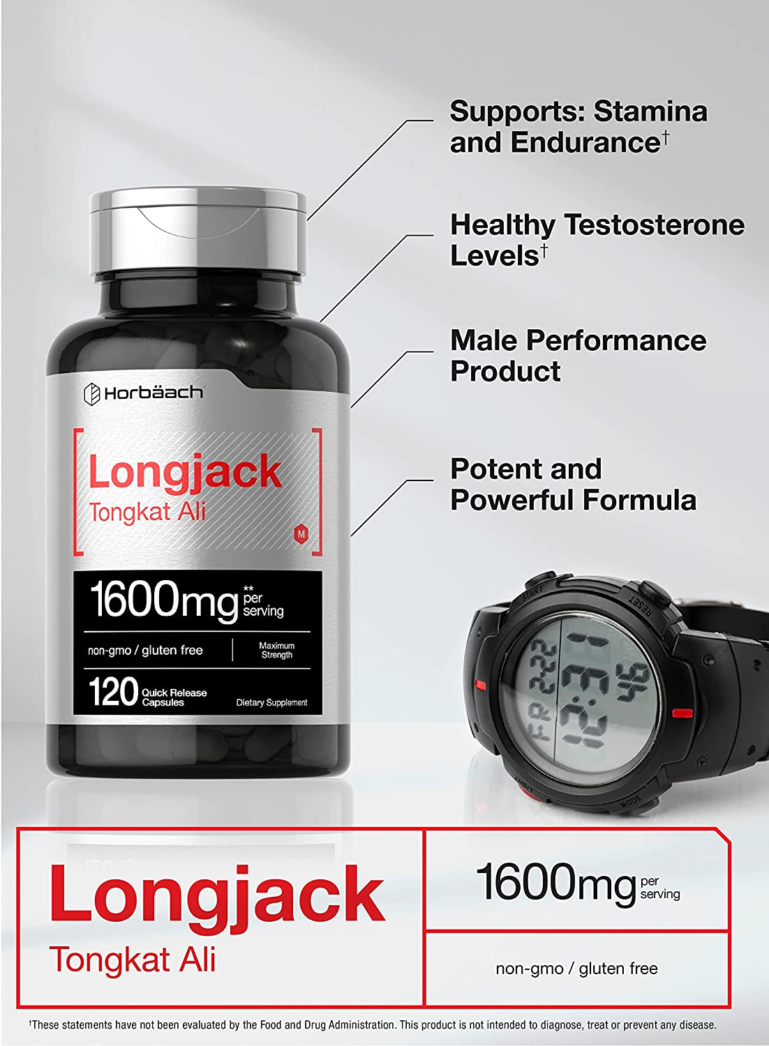 Longjack Tongkat Ali 1600 Mg | 120 Capsules | Longifolia Root Extract Powder | Testosterone Formula | Non-Gmo, Gluten Free | by Horbaach