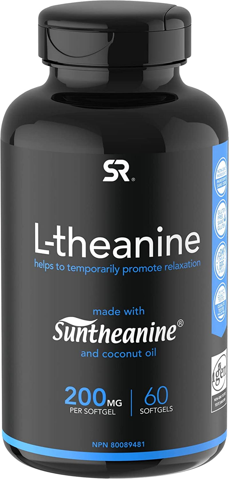 Double Strength ‘Suntheanine’ L-Theanine with Organic Coconut Oil - Promotes Alertness & Relaxation without Drowsiness - 200Mg L Theanine Supplement - 60 Softgel Capsules for Adults