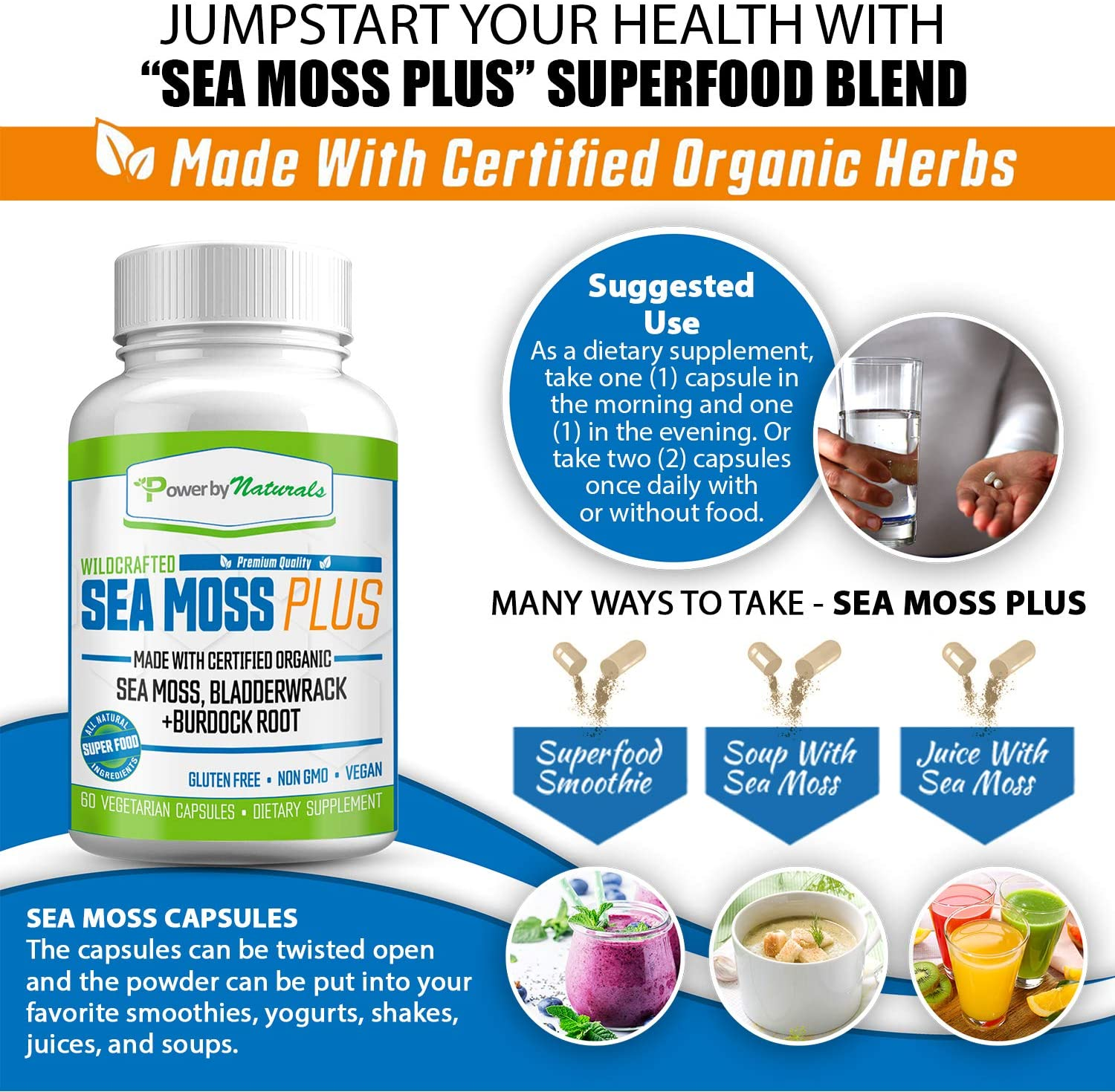 Certified Organic Sea Moss plus Supplements with Wildcrafted Irish Sea Moss, Bladderwrack, and Burdock Root, Pure Sea Moss Supplement, Vegan, No Fillers, 60 Seamoss Powder Capsules