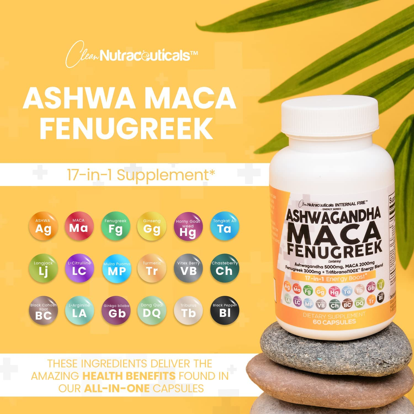 Ashwagandha 5000Mg Maca Root 2000Mg Fenugreek 3000Mg Supplement with Tongkat Ali Ginseng - Assists with Stress, Mood & Adrenal Health - Ashwagandha Capsules Maca Pills Fenugreek Caps USA - 60 Count