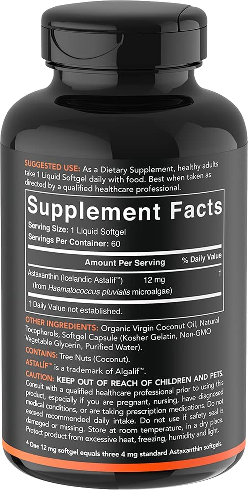 Triple Strength Astaxanthin Supplement from Algae W/ Organic Coconut Oil - Natural Support for Skin & Eye Health - Non-Gmo & Gluten Free - 12Mg, 60 Softgels for Adults - 2 Month Supply