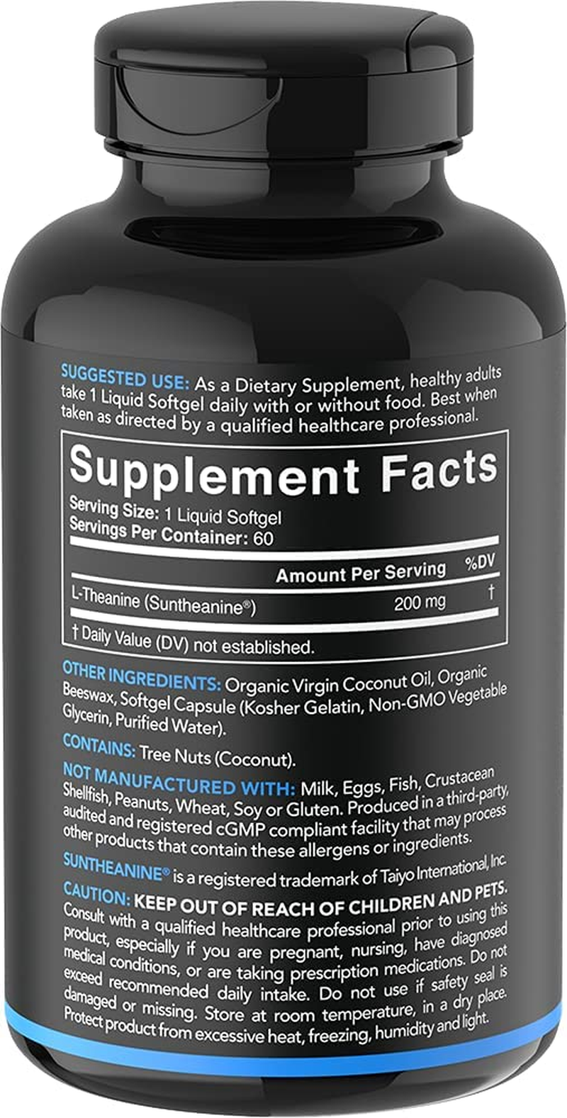 Double Strength ‘Suntheanine’ L-Theanine with Organic Coconut Oil - Promotes Alertness & Relaxation without Drowsiness - 200Mg L Theanine Supplement - 60 Softgel Capsules for Adults