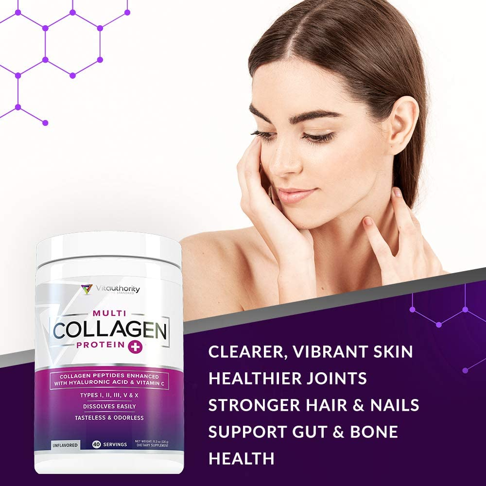 Multi Collagen Peptides plus Hyaluronic Acid and Vitamin C, Hydrolyzed Collagen Protein, Types I, II, III, V and X Collagen, Unflavored