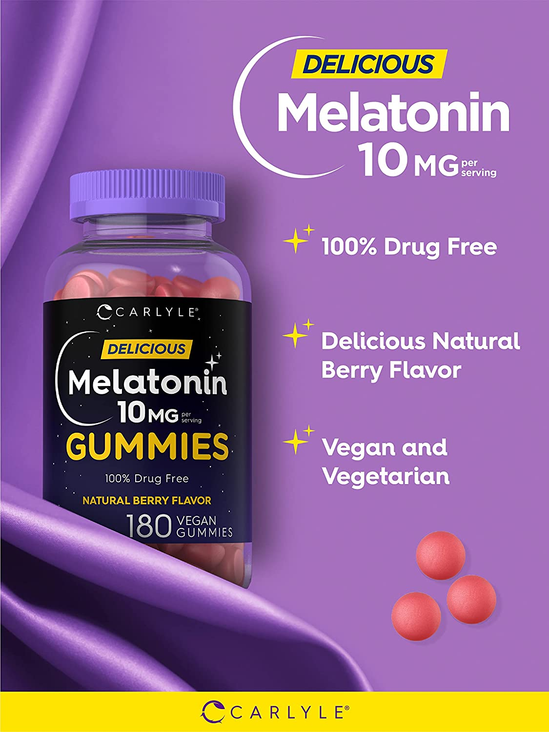 Melatonin Gummies 10Mg | 180 Count | Adult Drug Free Aid | Natural Berry Flavor | Vegan, Non-Gmo, Gluten Free | by