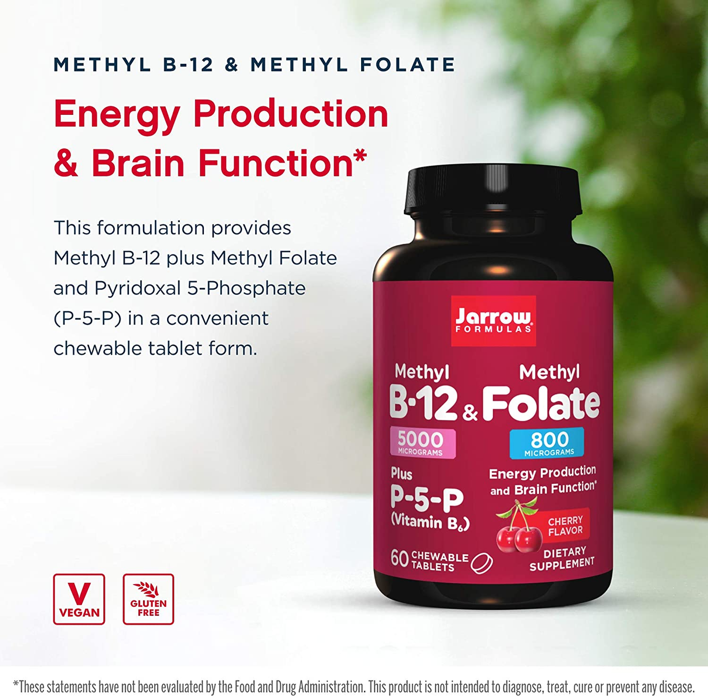 Methyl B-12 & Methyl Folate - 60 Chewable Tablets, Cherry - Bioactive Vitamin B12 & B9 - Supports Energy Production, Brain Function & Metabolism - Gluten Free - 60 Servings