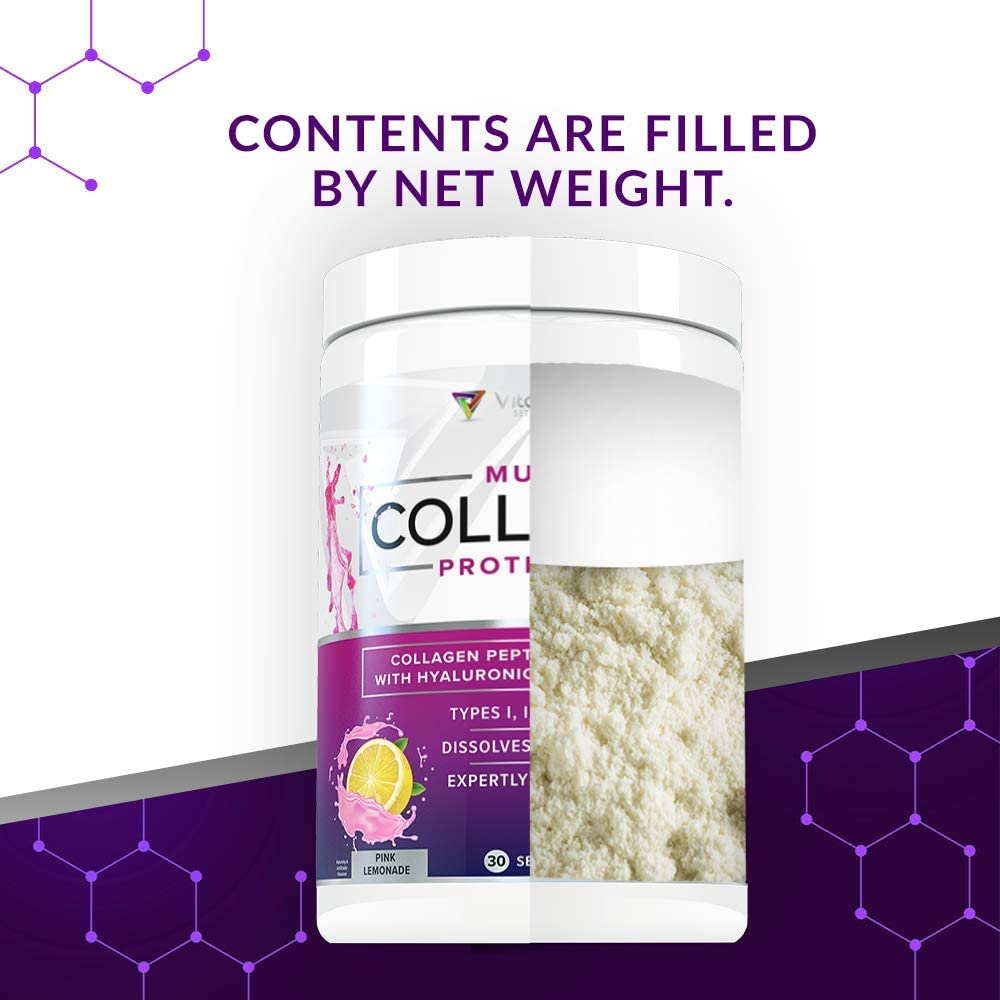 Multi Collagen Peptides plus Hyaluronic Acid and Vitamin C, Hydrolyzed Collagen Protein, Types I, II, III, V and X Collagen, Pink Lemonade Flavor