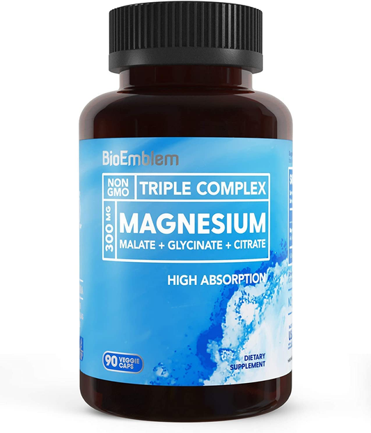 Triple Magnesium Complex | 300Mg of Magnesium Glycinate, Malate, & Citrate for Muscle Relaxation, Sleep, Calm, & Energy | High Absorption | Vegan, Non-Gmo | 90 Capsules