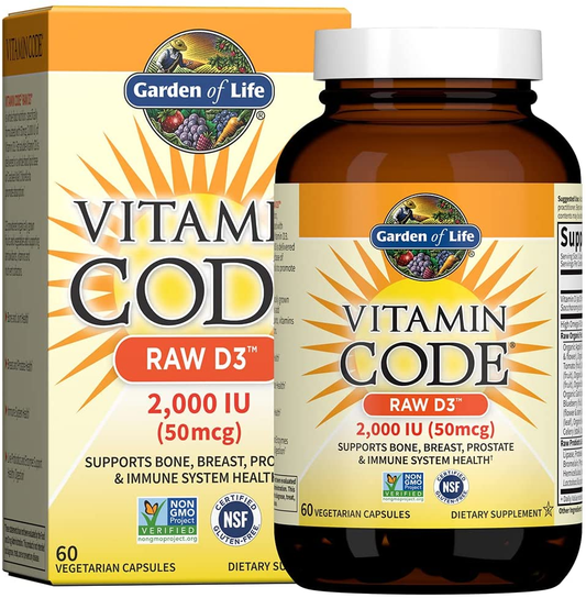 Vitamin D, Vitamin Code Raw D3, Vitamin D 2,000 IU, Raw Whole Food Vitamin D Supplements with Chlorella, Fruit, Veggies & Probiotics for Bone & Immune Health, 60 Vegetarian Capsules