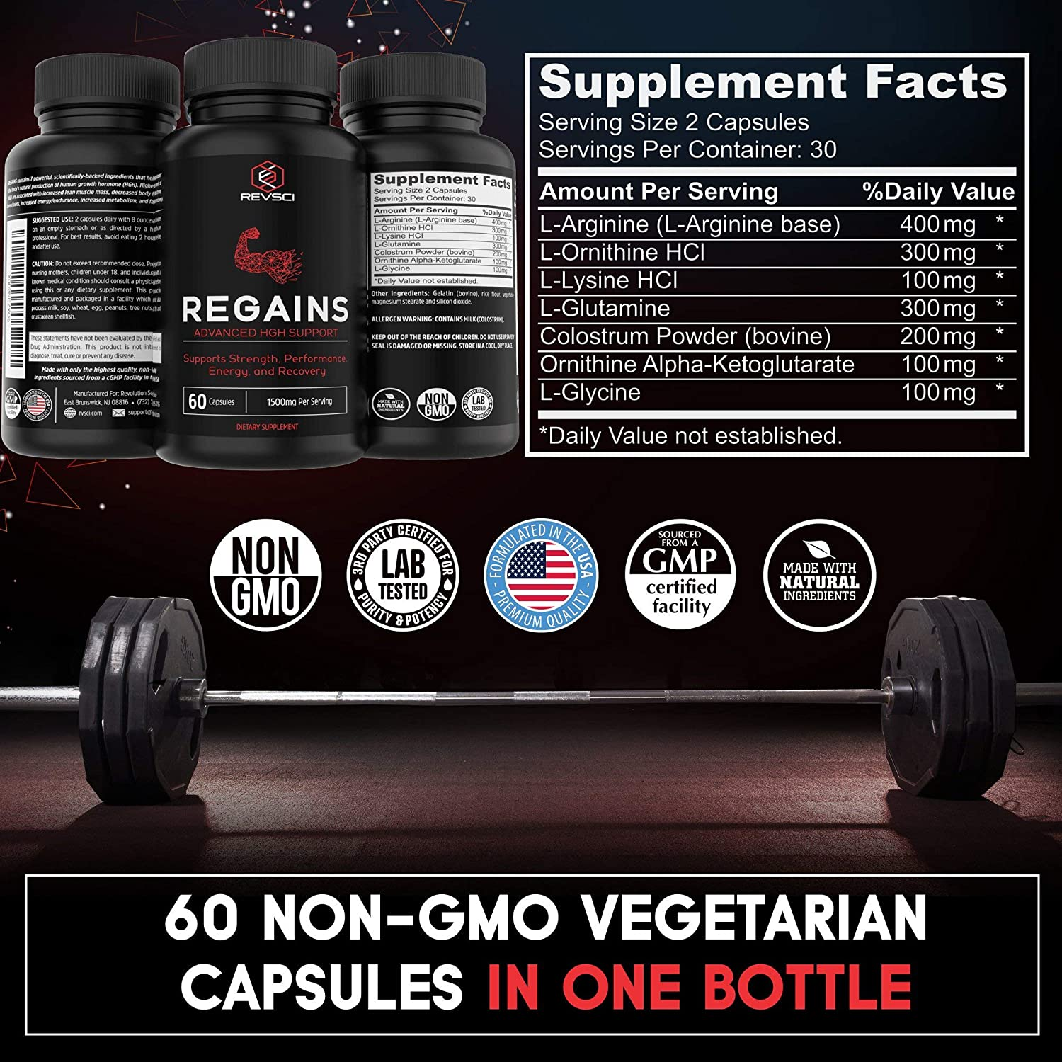 HGH Supplements for Men - Regains Naturally Stimulate Human Growth Hormone for Men - HGH for Men, Muscle Building, Muscle Growth Supplements for Men & Women, Amino Acid & Bovine Colostrum, 60 Capsules