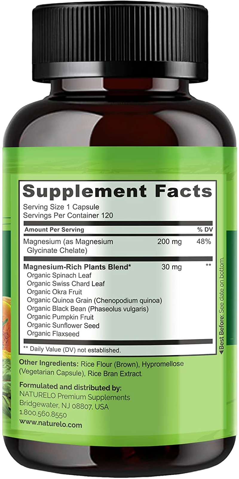 Magnesium Glycinate Supplement - 200 Mg Glycinate Chelate with Organic Vegetables to Support Sleep, Calm, Muscle Cramp & Stress Relief – Gluten Free, Non GMO - 120 Capsules