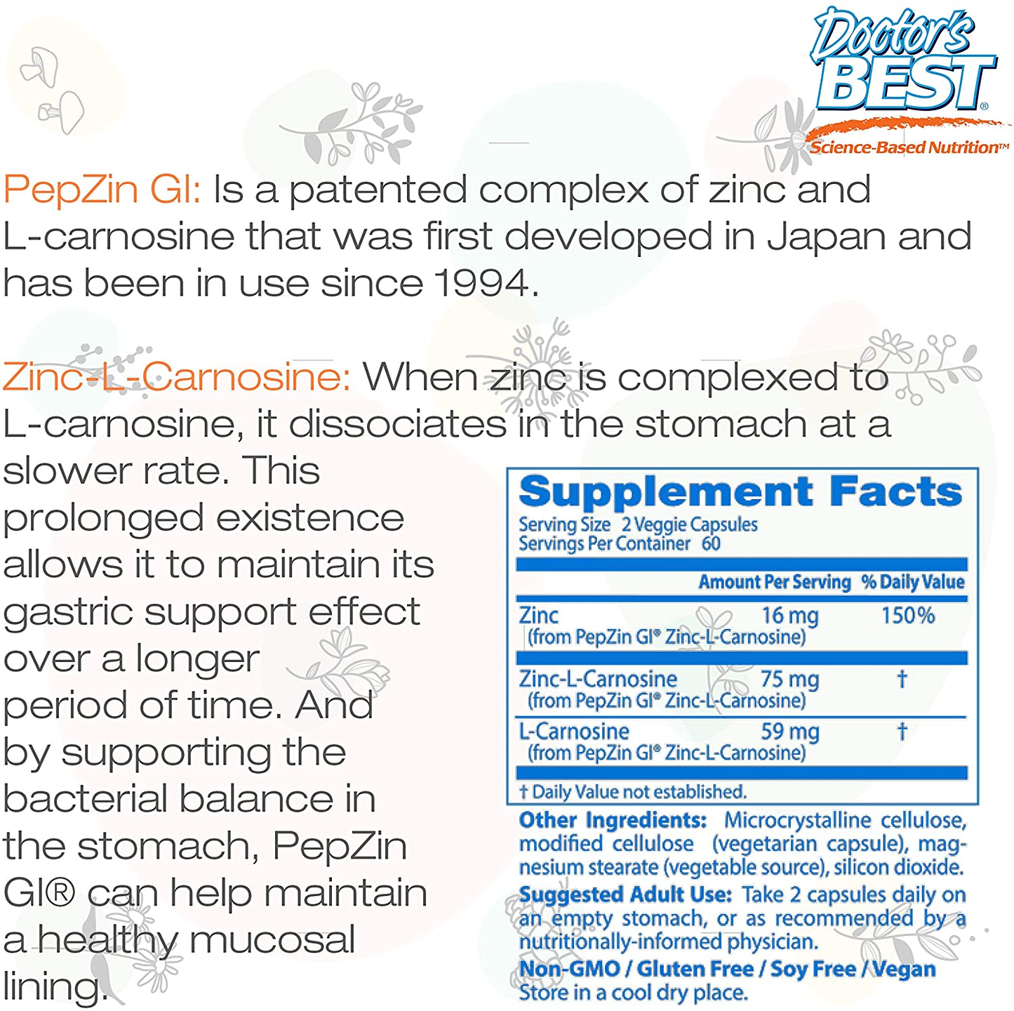 Pepzin GI, Zinc-L-Carnosine Complex, Non-Gmo, Vegan, Gluten Free, Soy Free, Digestive Support, 120 Veggie Caps