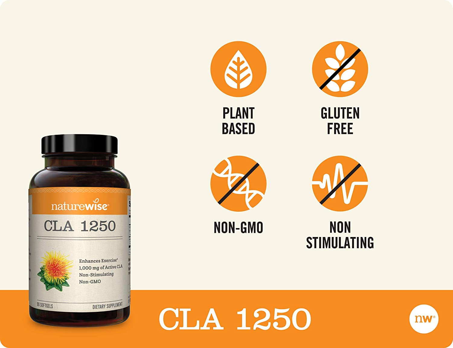 CLA 1250 Natural Exercise Enhancement (1-Month Supply), Support Lean Muscle Mass, Promote Energy, Non-Stimulating, Non-Gmo, Gluten-Free, & 100% Safflower Oil (Packaging May Vary) (90 Count)