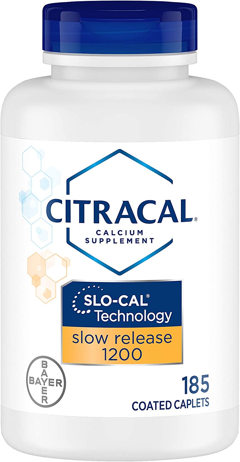 Slow Release 1200, 1200 Mg Calcium Citrate and Calcium Carbonate Blend with 1000 IU Vitamin D3, Bone Health Supplement for Adults, Once Daily Caplets, 185 Count