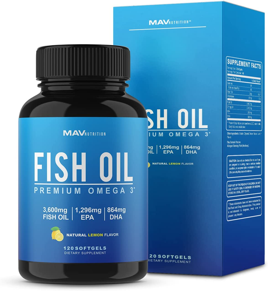 Fish Oil 3600 Mg Lemon Flavor Soft Gels | Omega 3 + EPA & DHA | Brain Heart Joints Skin and Immune Support | 120 Count Non-Gmo Omega-3 Burpless Softgels Supplements