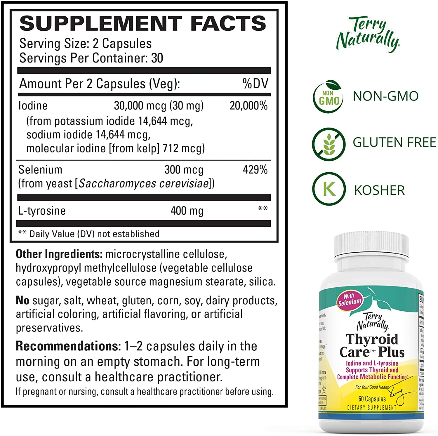 Thyroid Care plus - Iodine + L-Tyrosine, 60 Capsules - Thyroid Support Supplement with Selenium, Promotes Energy & Metabolism - Non-Gmo, Gluten-Free, Kosher - 30 Servings