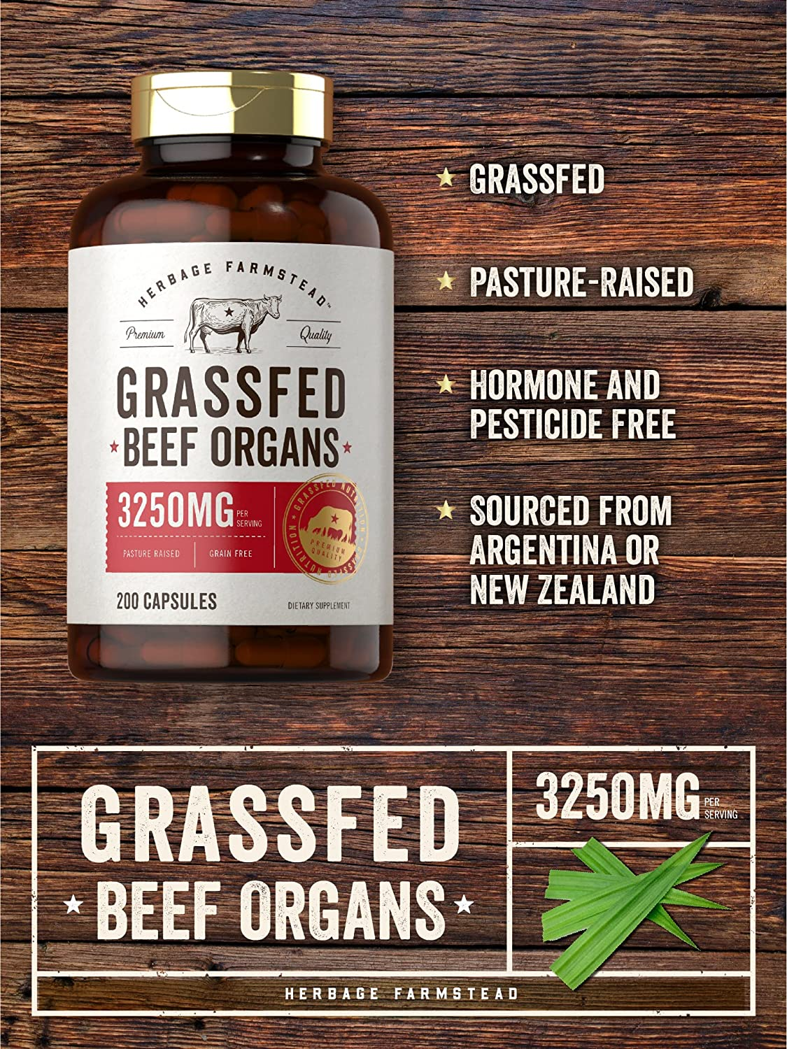 Grassfed Beef Organs Capsules 3250Mg | 200 Count | Desiccated Liver, Kidney, Pancreas, Heart, Spleen Supplement | Non-Gmo, Gluten Free | by Herbage Farmstead