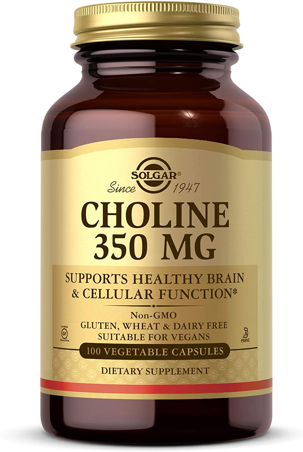 Choline 350 Mg, 100 Vegetable Capsules - Supports Healthy Brain & Cellular Function - Vegan, Gluten Free, Dairy Free, Kosher - 100 Servings