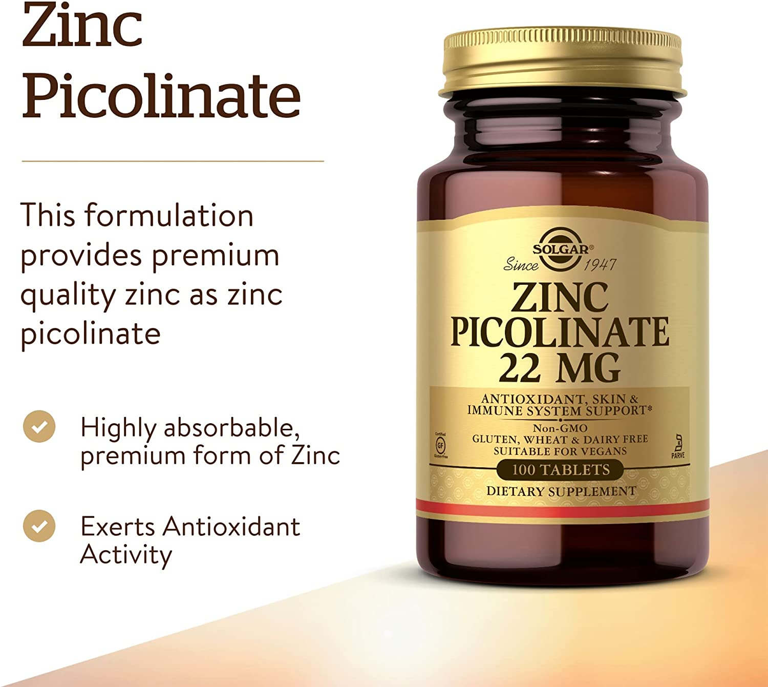 Zinc Picolinate 22 Mg, 100 Tablets - Promotes Healthy Skin - Supports Immune System, Normal Taste & Vision - Antioxidant - Non GMO, Vegan, Gluten Free, Dairy Free, Kosher - 100 Servings