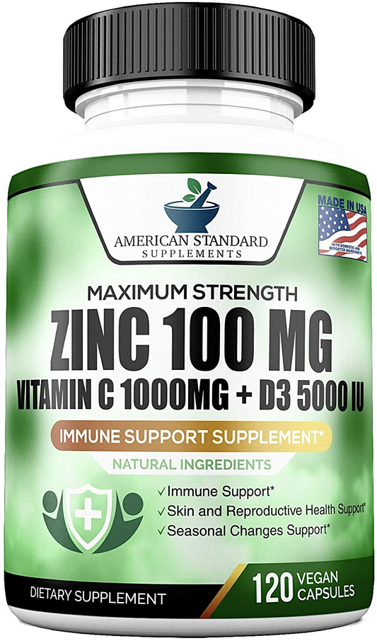 Zinc 100Mg, Vitamin C 1000Mg, Vitamin D 5000IU per Serving, Immune Support for Adults Kids, Immune System Booster Supplements, Non GMO, No Filler, No Stearate, 120 Vegan Capsules, 60 Day Supply