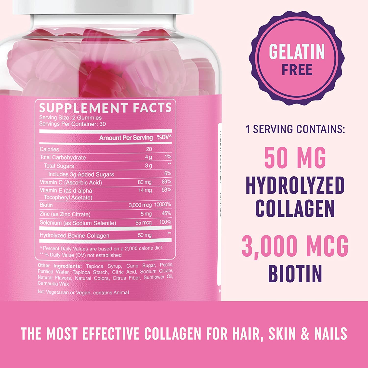 Hydrolyzed Collagen Gummies with Biotin Zinc Vitamin C and E | Hair Growth anti Aging Skin Care & Strong Nails | 60 Collagen Supplement Gummies