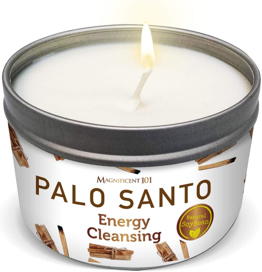 Palo Santo Smudge Candle for Home Energy Cleansing, Aromatherapy, and Chakra Healing - Natural Soy Wax, Essential Oils 6Oz Tin Holder