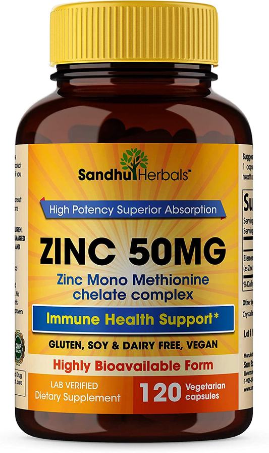 Zinc 50Mg Supplement 120 Vegetarian Capsules, Zinc Highly Absorbable Supplements for Immune Support System, Gluten Free Zinc Supplement