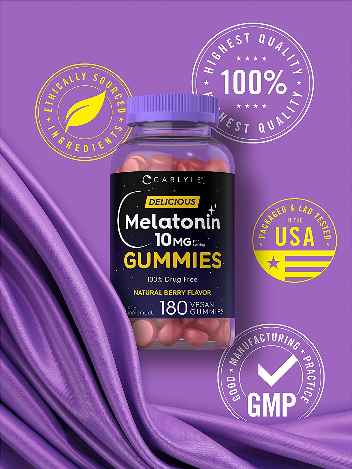 Melatonin Gummies 10Mg | 180 Count | Adult Drug Free Aid | Natural Berry Flavor | Vegan, Non-Gmo, Gluten Free | by