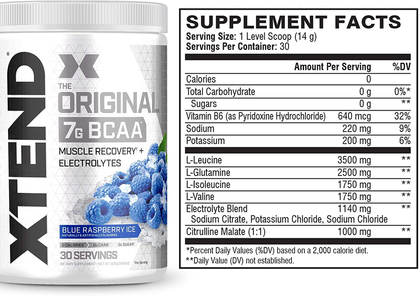 Original BCAA Powder Blue Raspberry Ice - Sugar Free Post Workout Muscle Recovery Drink with Amino Acids - 7G Bcaas for Men & Women - 30 Servings