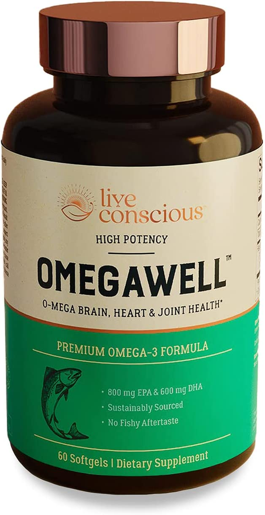 Omegawell Fish Oil: Heart, Brain, and Joint Support | 800 Mg EPA 600 Mg DHA - Lemon Flavor, Enteric-Coated, Sustainably Sourced - Easy to Swallow 30 Day Supply