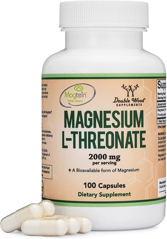 Magnesium L Threonate Capsules (Magtein) – High Absorption Supplement – Bioavailable Form for Healthy Sleep Habits and Cognitive Function Support – 2,000 Mg – 100 Capsules