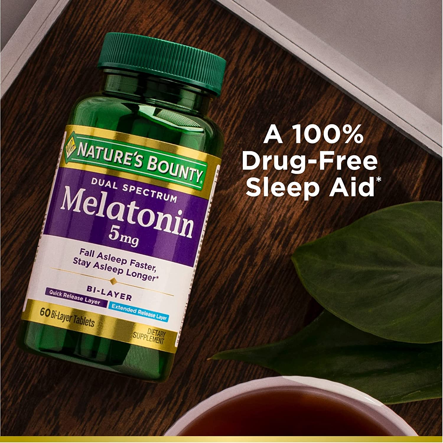 Nature’S Bounty Melatonin 5Mg Dual Spectrum, 100% Drug Free Sleep Supplement, Quick Release and Extended Release, Promotes Relaxation and Sleep Health, 60 Bi-Layer Tablets