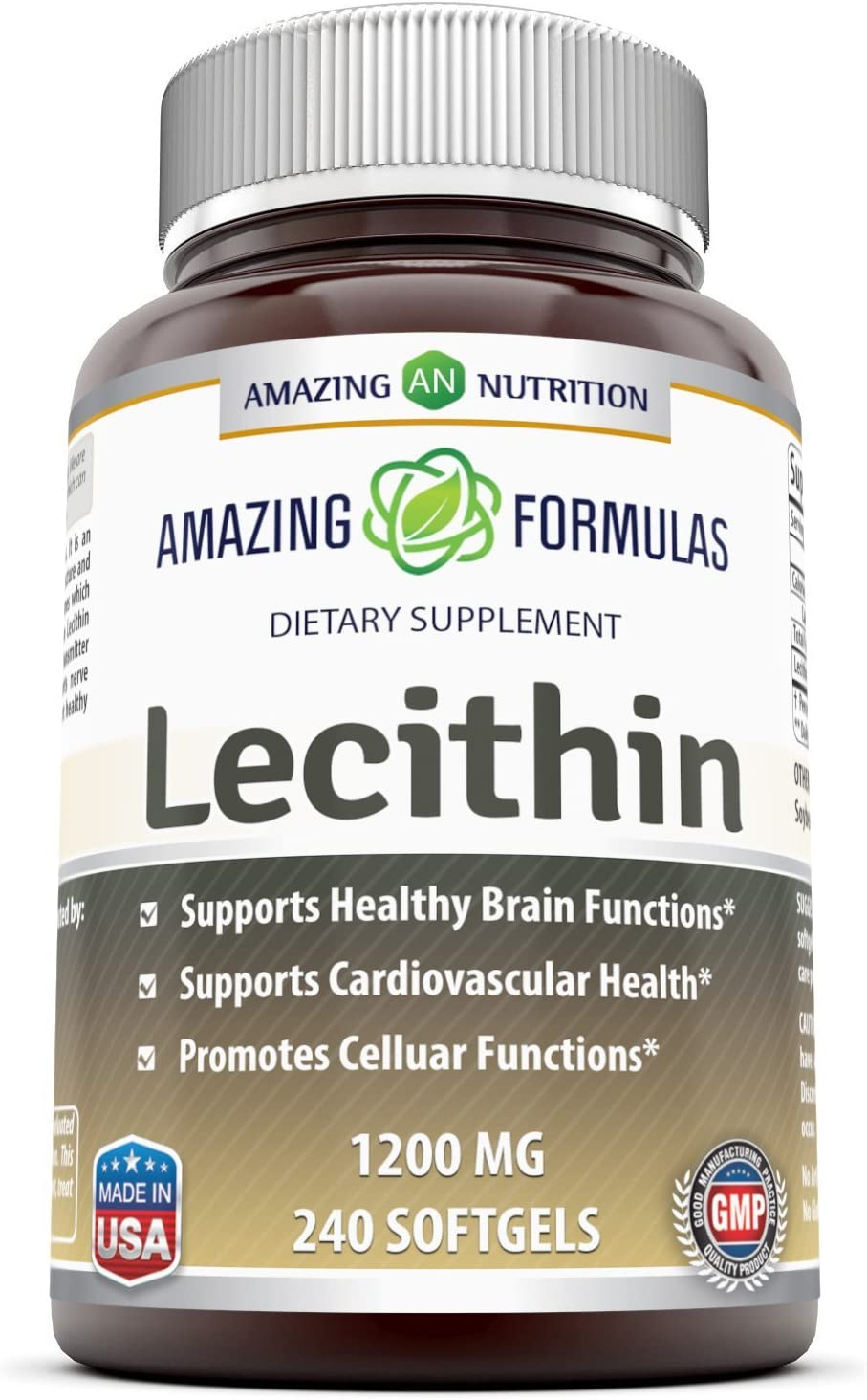 Amazing Formulas Lecithin Dietary Supplement * 1200 Mg High Potency Lecithin Softgels (Non Gmo,Gluten Free) -Promotes Brain & Cardiovascular Health * Aids in Cellular Activities * 240 Softgels