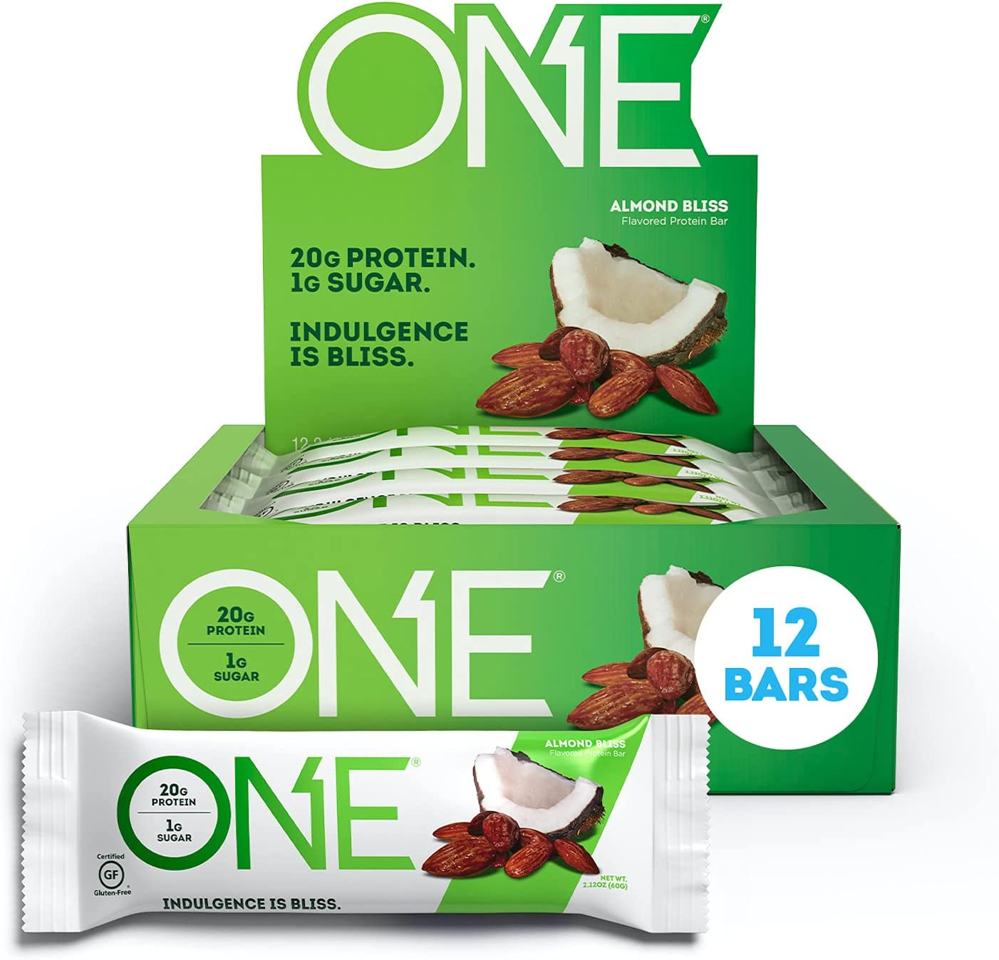 ONE Protein Bars, Almond Bliss, Gluten Free Protein Bars with 20G Protein and Only 1G Sugar, Guilt-Free Snacking for High Protein Diets, 2.12 Oz, 12 Count