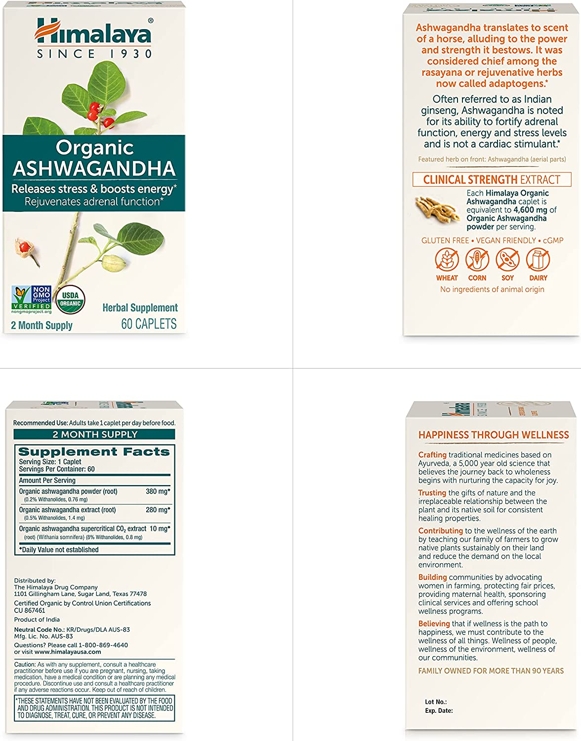 Organic Ashwagandha, 2 Month Supply for Stress Relief, USDA Certified Organic, Non-Gmo, Gluten-Free Supplement, 100% Ashwagandha Powder & Extract, 670 Mg, 60 Caplets