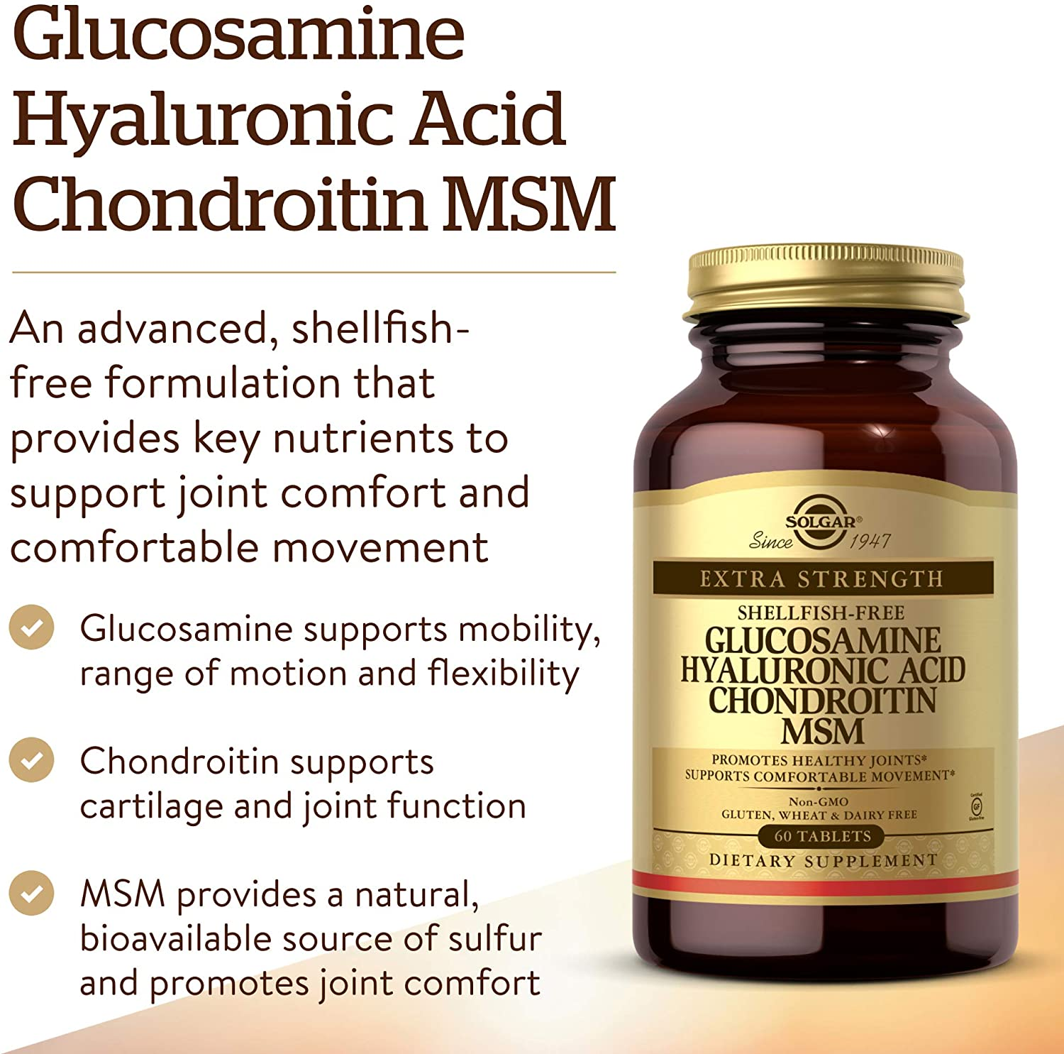 Glucosamine Hyaluronic Acid Chondroitin MSM (Shellfish-Free), 60 Tablets - Joint Support & Comfort - Supports Active Lifestyles - Non-Gmo, Gluten Free, Dairy Free - 20 Servings