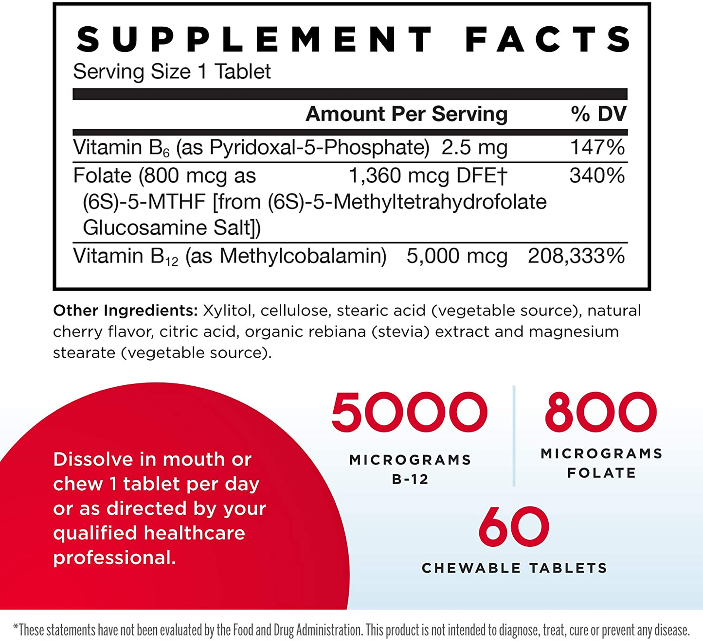 Methyl B-12 & Methyl Folate - 60 Chewable Tablets, Cherry - Bioactive Vitamin B12 & B9 - Supports Energy Production, Brain Function & Metabolism - Gluten Free - 60 Servings