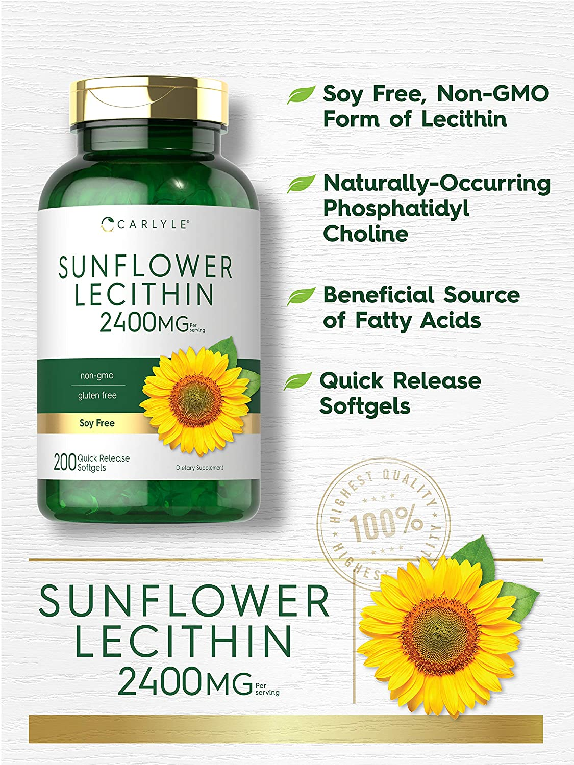 Sunflower Lecithin 2400Mg | 200 Softgel Capsules | Rich in Phosphatidyl Choline | Non-Gmo, Soy Free, Gluten Free Supplement | by