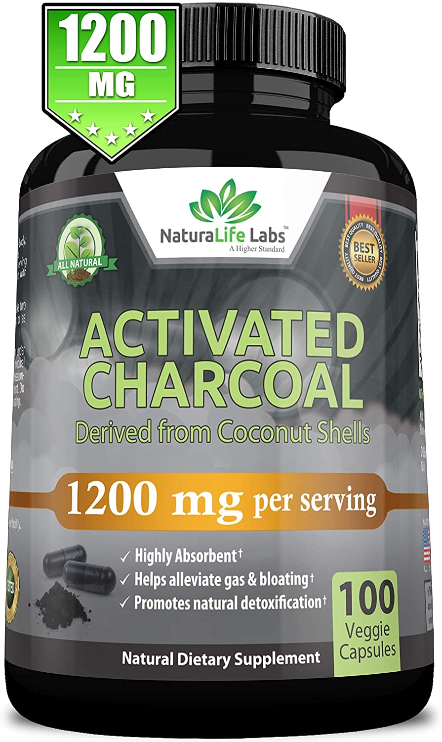 Activated Charcoal Capsules - 1,200 Mg Highly Absorbent Helps Alleviate Gas & Bloating Promotes Natural Detoxification Derived from Coconut Shells - per Serving - 100 Vegan Capsules