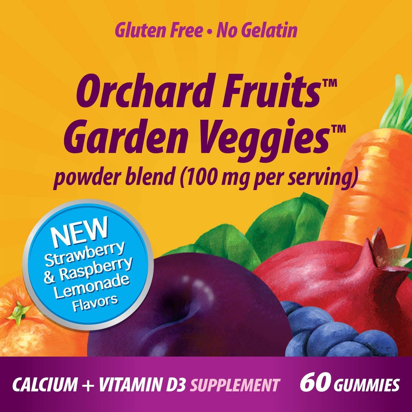 Premium Calcium + D3 Gummy + Orchard Fruits/Garden Veggies Blend, 60 Cherry & Strawberry Gummies