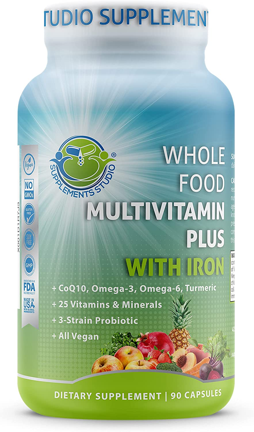 Daily Vegan Whole Food Multivitamin plus for Men & Women, with Iron, Organic Fruits and Vegetables, B-Complex, Probiotics, Enzymes, Coq10, Omegas, Turmeric, All Natural, Non-Gmo