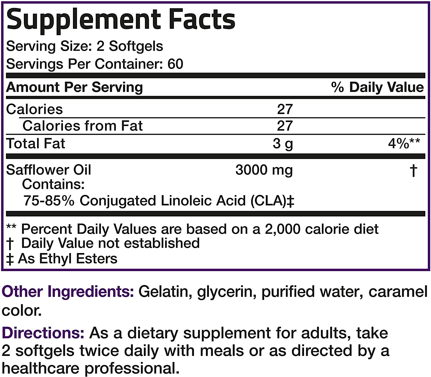 CLA 3000 Extra High Potency Supports Healthy Weight Management Lean Muscle Mass Non-Stimulating Conjugated Linoleic Acid 120 Softgels